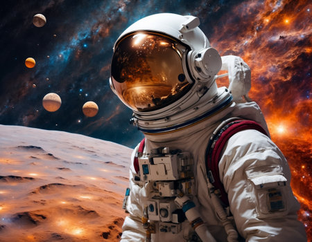 An astronaut stands on a celestial body, gazing at a vibrant galaxy. Planets and stars illuminate the cosmic scene, highlighting the vastness and mystery of space.の素材