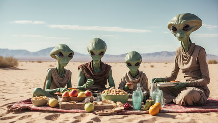 A green-skinned alien family enjoying a picnic in the desert landscape. Ideal for extraterrestrial themes, science fiction, family leisure, and surreal concepts.の素材