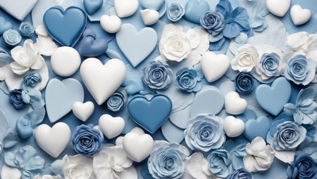 Blue color Heart shape made from stearin background ready for post card, invitation, web page, product display. Negative space for custom text in design.の素材