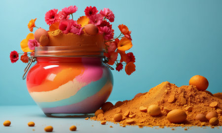 Abstract decorative art of layered colored sand and flowers in jar over blue background.の素材