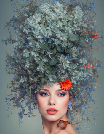 Surreal collage of a fashion portrait of beautiful young woman with flowers surrounding her.の素材