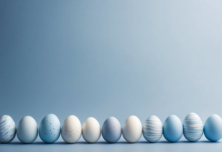 A serene Easter-themed background featuring delicately painted eggs with a white and blue palette, ideal for festive holiday designs.の素材