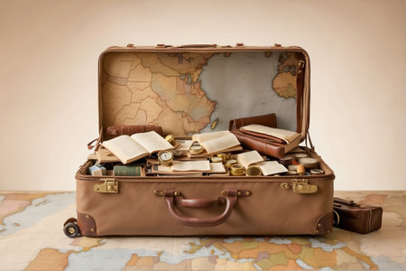 Minimalistic, A single suitcase with souvenirs from various cultures, stands alone on a map of the world.の素材