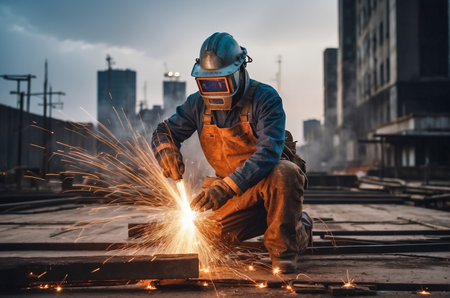 Skilled builder welder working on a steel structure at a busy construction site. Ideal for illustrating industrial processes and construction projects.の素材