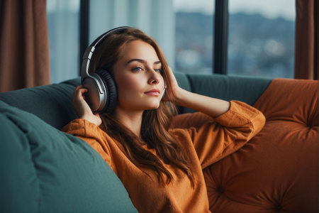 Smiling Young woman Wearing Wireless Headphones sits on a yellow sofa and enjoys listening to music, podcast.の素材