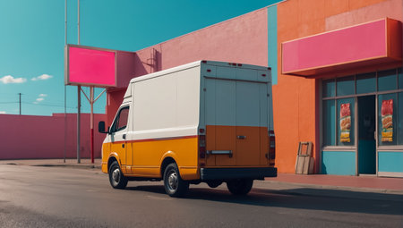 Small food delivery truck, providing copy space for various design applications. Ideal for transportation, logistics, and delivery concepts, offering a versatile template for messages and branding.の素材