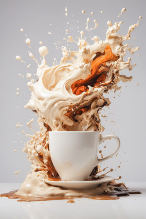 A captivating image capturing the dynamic and powerful splashing of cream and milk into a cup of coffee, creating a delightful and creamy awakening for the senses.の素材