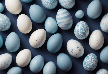 A serene Easter-themed background featuring delicately painted eggs with a white and blue palette, ideal for festive holiday designs.の素材