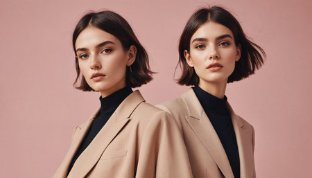 Fashion portrait of two young women in formal suit isolated on plain color background.の素材