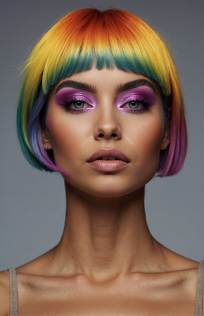 An artistic painting of a young and beautiful woman's face, featuring a creative hairstyle with flowing hair color. The dynamic and flowing motion adds a captivating touch to the artwork. Hair coloring studio. Perfect for fashion, beauty, and artistic concepts.の素材