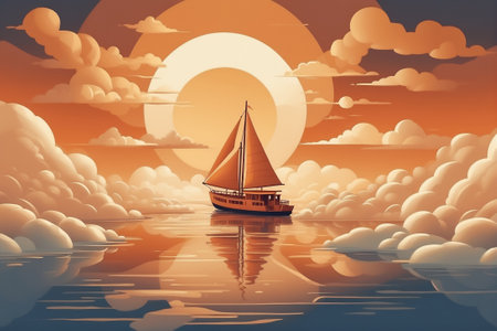 a vintage sailing ship floating on a perfectly still and reflective ocean during a vibrant sunset, with stylized clouds and a large sun in the background creating a warm, peaceful ambiance.の素材