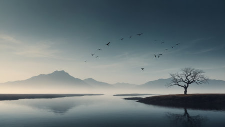A lone tree silhouette on the wide panoramic landscape background scene.の素材