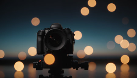Digital camera mounted on a tripod with bokeh blurred defocused background at dusk in front of water landscapeの素材