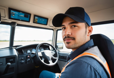 A man wearing a uniform sits in the driver's seat of a commercial vehicle, with the open road visible through the windshield. The image captures his focused expression as he prepares for or continues his journey.の素材