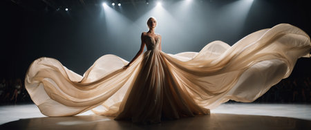 A futuristic fashion show scene with a slender model wearing elegant flowing gown. Drama and avant-garde creativity of high end couture design.の素材