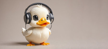 Young cute duck wearing headphones, listening to music, big eyes looking at viewer.の素材