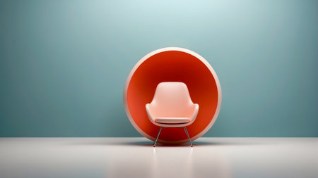 A surreal image of a minimalist interior space with a chair contained within a large red spherical frame, set against a muted background. Useful for interior design, architecture, and creative conceptual ideas.の素材