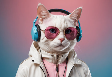 Stylish White Cat Wearing Pink Sunglasses and Blue Headphones in Trendy Urban Outfit Against Colorful Backgroundの素材