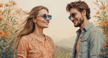 Couple Portrait with Floral Surround: Vintage-Inspired Digital Illustration of Stylish Man and Womanの素材