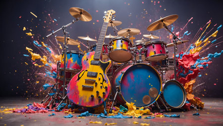 Drumset surrounded by colorful powder explosions and smoke on a dark stage. for music festival promotions, album covers, or to illustrate the energy of live performances.の素材