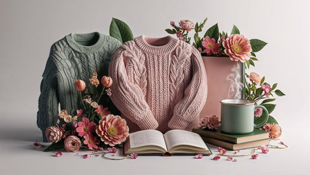 Warm and inviting still life arrangement featuring a beautifully embroidered floral knit sweater alongside a stack of books, a ceramic mug, and an assortment of autumn-themed flowers and foliage. Representing the comforts of cozy seasonal living, reading, and embracing hygge.の素材