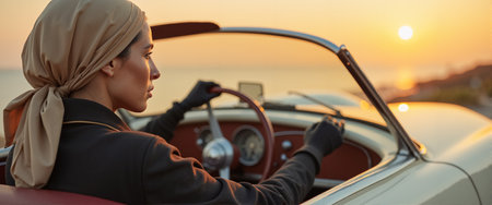 Dramatic profile portrait of sophisticated woman in retro style driving vintage convertible at sunset. Luxury fashion, automotive lifestyle, or timeless elegance themes.の素材