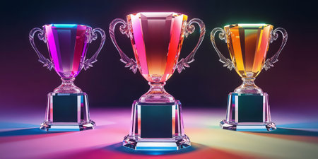 High-end crystal trophies in vibrant colors showcasing elegant design and craftsmanship. Corporate awards, sports championships, or achievement recognition events.の素材