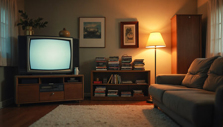 Retro living room scene with an old-fashioned television set, a stack of VHS tapes, a VCR player, and a warm lamplight illuminating the space.の素材