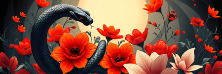 Striking contrast of black snake coiled among vibrant orange cosmos flowers against dark background. Nature magazines, wildlife articles, or artistic design projects.の素材