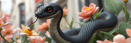 a black snake with striking red eye among blooming coral-colored flowers. Wildlife articles, garden magazines, or educational materials.の素材