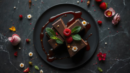 Luxury Chocolate Dessert with Gold Leaf, Fresh Raspberries and Mint on Black Plate, Modern Fine Dining Presentation with Red Berry Sauceの素材