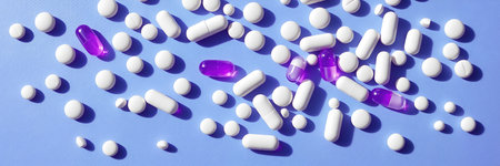 Various pharmaceutical pills and capsules on background. for medical, healthcare, pharmacy, drug advertising and pharmaceutical industry.の素材