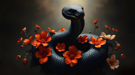 Striking contrast of black snake coiled among vibrant orange cosmos flowers against dark background. Nature magazines, wildlife articles, or artistic design projects.の素材