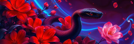 Striking contrast of black snake coiled among vibrant orange cosmos flowers against dark background. Nature magazines, wildlife articles, or artistic design projects.の素材