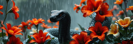 Striking contrast of black snake coiled among vibrant orange cosmos flowers against dark background. Nature magazines, wildlife articles, or artistic design projects.の素材