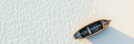 Solitary wooden boat on pristine white sand beach with turquoise ocean and dramatic cloud formations. Travel, vacation, paradise, serenity, and maritime themes.の素材
