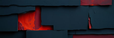 Minimalist abstract composition with torn dark paper layers revealing red illuminated backdrop. for modern design, presentations, banners, web backgrounds, and creative projects.の素材