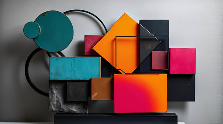 Modern abstract geometric composition featuring bright colored shapes. Perfect for design projects, presentations, website backgrounds, artistic concepts, and architectural visualization.の素材