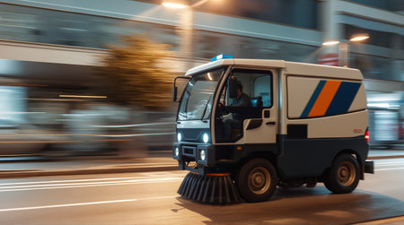 Compact street sweeping machine in motion on city street at night. for urban services, city maintenance, street cleaning, and municipal equipment concepts.の素材