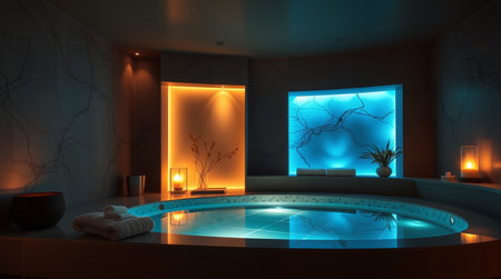 Contemporary spa room featuring circular bathtub with dramatic mood lighting. Perfect for luxury wellness, spa marketing, hotel advertising, and relaxation-themed content.の素材