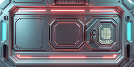 Minimalist sci-fi corridor featuring advanced technology panels and symmetrical design. Futuristic spaces, high-tech environments, or innovative concept art in films or games.の素材