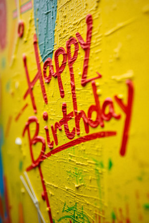 Artistic happy birthday message painted in red on vibrant yellow background. Perfect for celebration cards, social media posts, party invitations, and birthday-themed promotional materials.の素材