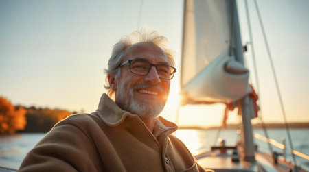 Senior man enjoying sailing during sunset. Perfect for retirement lifestyle, active aging, leisure activities, and nautical lifestyle marketing materials. Warm golden lighting creates inspiring mood.の素材
