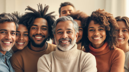 Close-up portrait of diverse individuals together, showing genuine happiness and connection. Perfect for diversity, inclusion, workplace culture, or community themes.の素材
