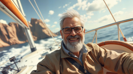 Senior man enjoying sailing during sunset. Perfect for retirement lifestyle, active aging, leisure activities, and nautical lifestyle marketing materials. Warm golden lighting creates inspiring mood.の素材
