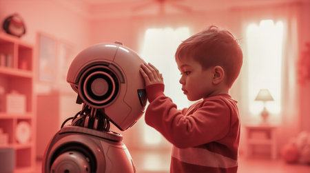 Young boy encounters advanced humanoid robot. for AI, future technology, human-robot interaction, and childhood wonder themes.の素材