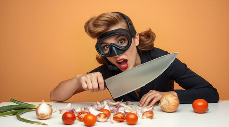 Humorous kitchen scene with person wearing diving goggles while chopping onions. for cooking tips, kitchen safety, or funny food preparation content.の素材