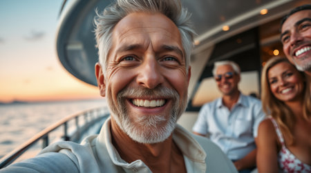 Group socializing on cruise ship deck. for travel, leisure, retirement lifestyle, cruise vacation, and luxury tourism marketing materials.の素材
