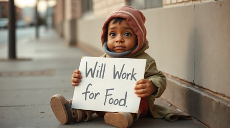 Emotional image showing child with handwritten sign on city sidewalk. for social issues, poverty awareness, humanitarian aid, charity campaigns, and homelessness advocacy.の素材