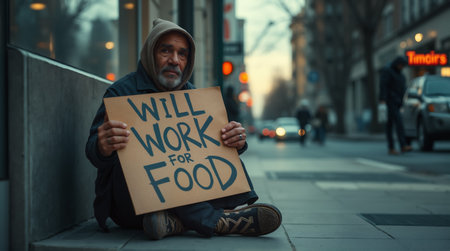 Person experiencing homelessness displays cardboard help sign on city sidewalk. for social issues, poverty awareness, urban life, charitable causes, and economic inequality coverage.の素材